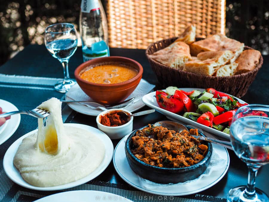 A spread of traditional Mingrelian food at a restaurant in Zugdidi, Georgia.