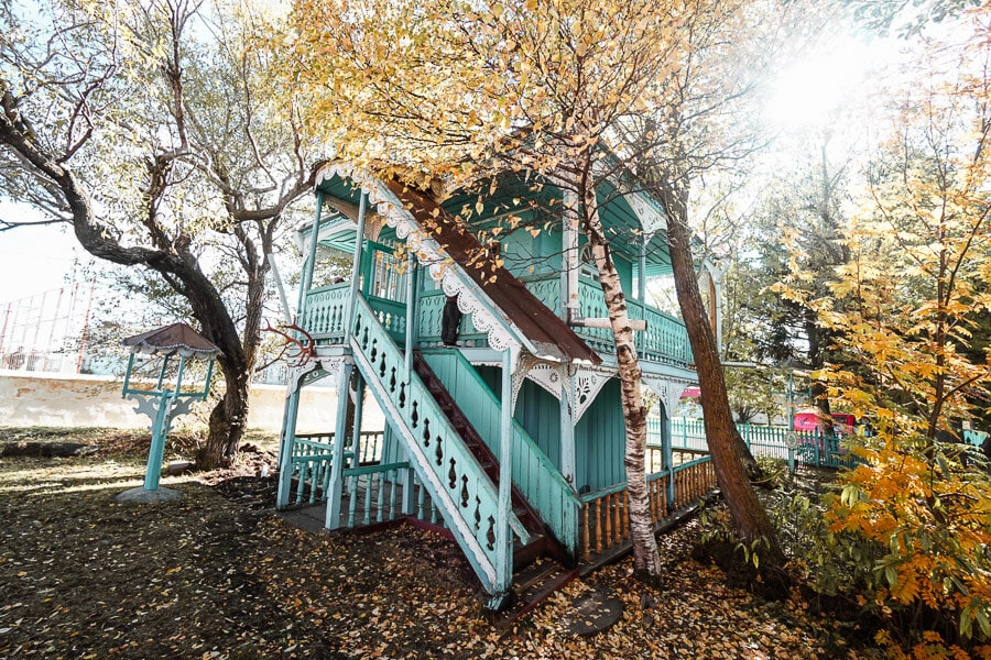 A beautiful blue house in the village of Gorelovka, Georgia.