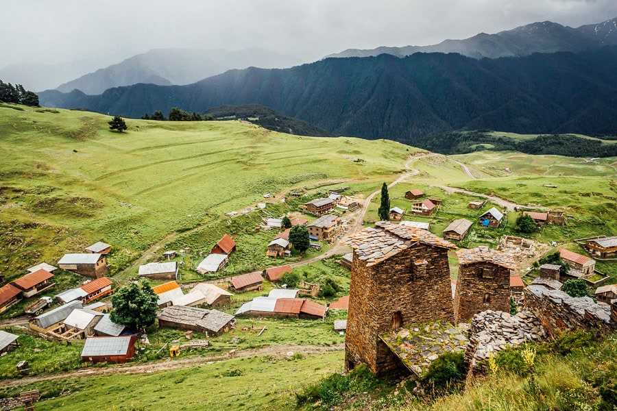 Stone tower houses in Omalo, a village in Tusheti Protected Landscape in Georgia, Greater Caucasus mountains.