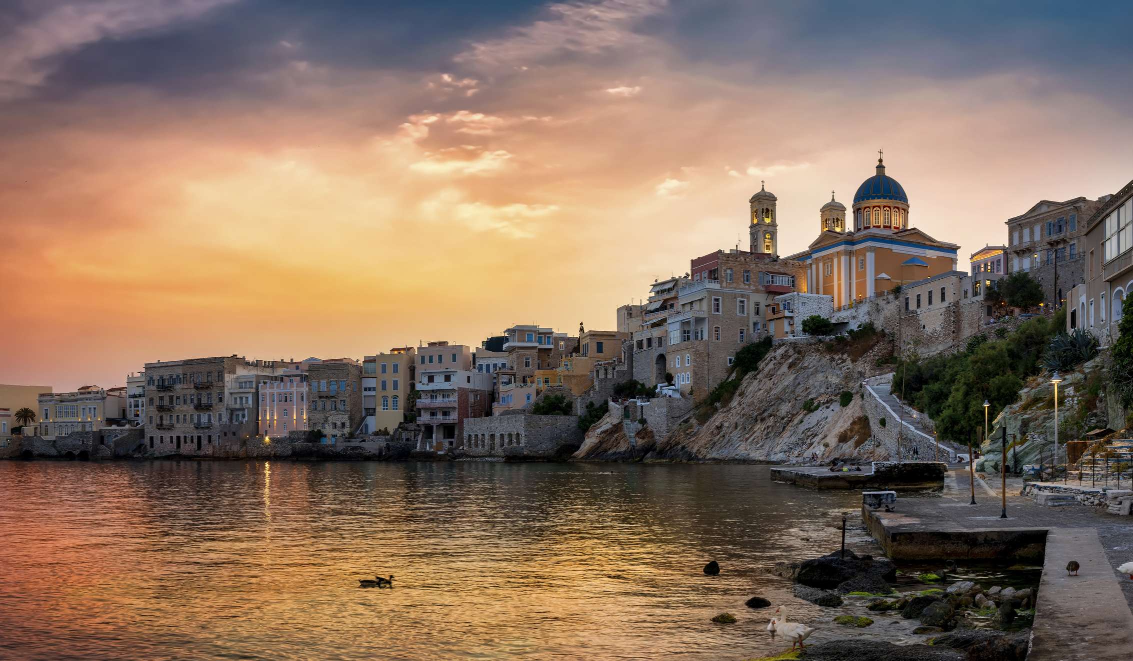 Ermoupolis in Greece at sunset.