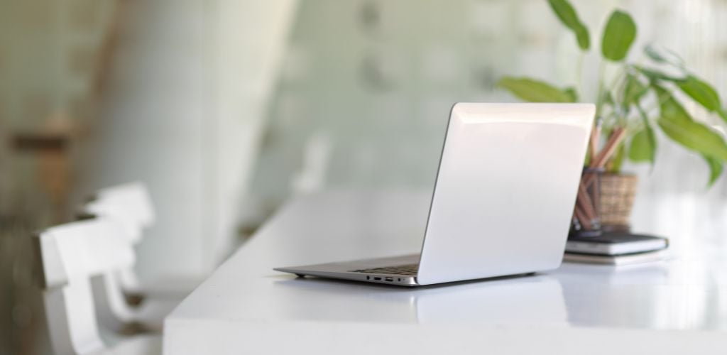 Portable workspace with laptop, plant pot and stationery in co-working space