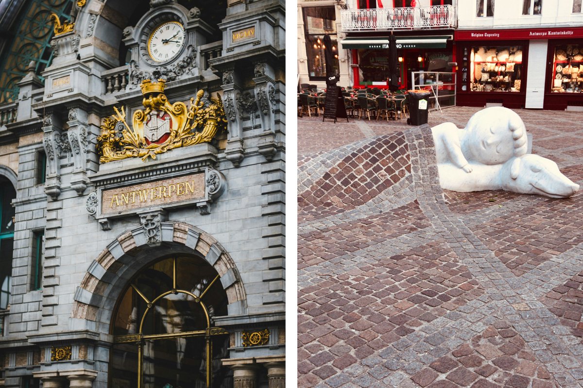 The ornate facade of Antwerp's central train station and a statue of a boy sleeping with his dog with the sidewalk for a blanket spread above them. 