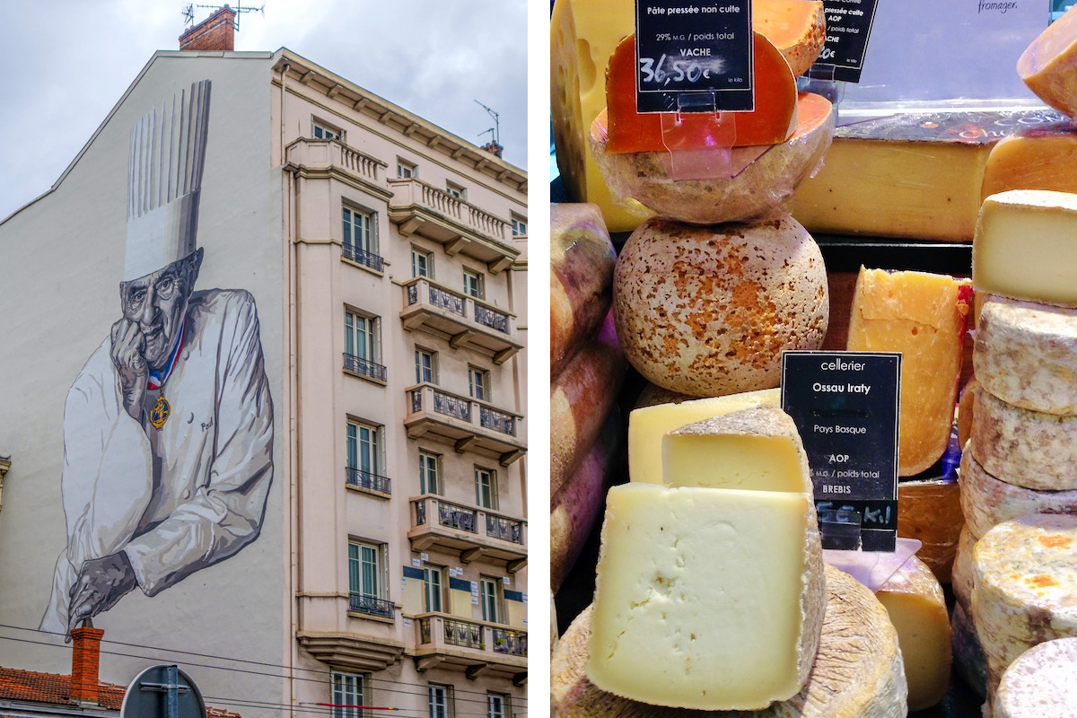 A mural in Lyon of a chef in a tall chef's hat, and a photo of a pile of different cheeses at a shop in Lyon, France.