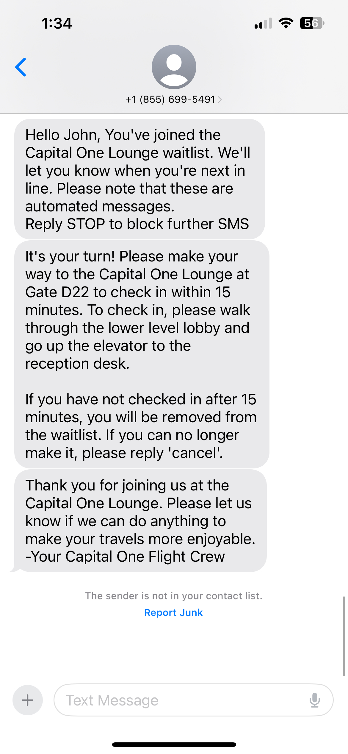 capital one lounge text