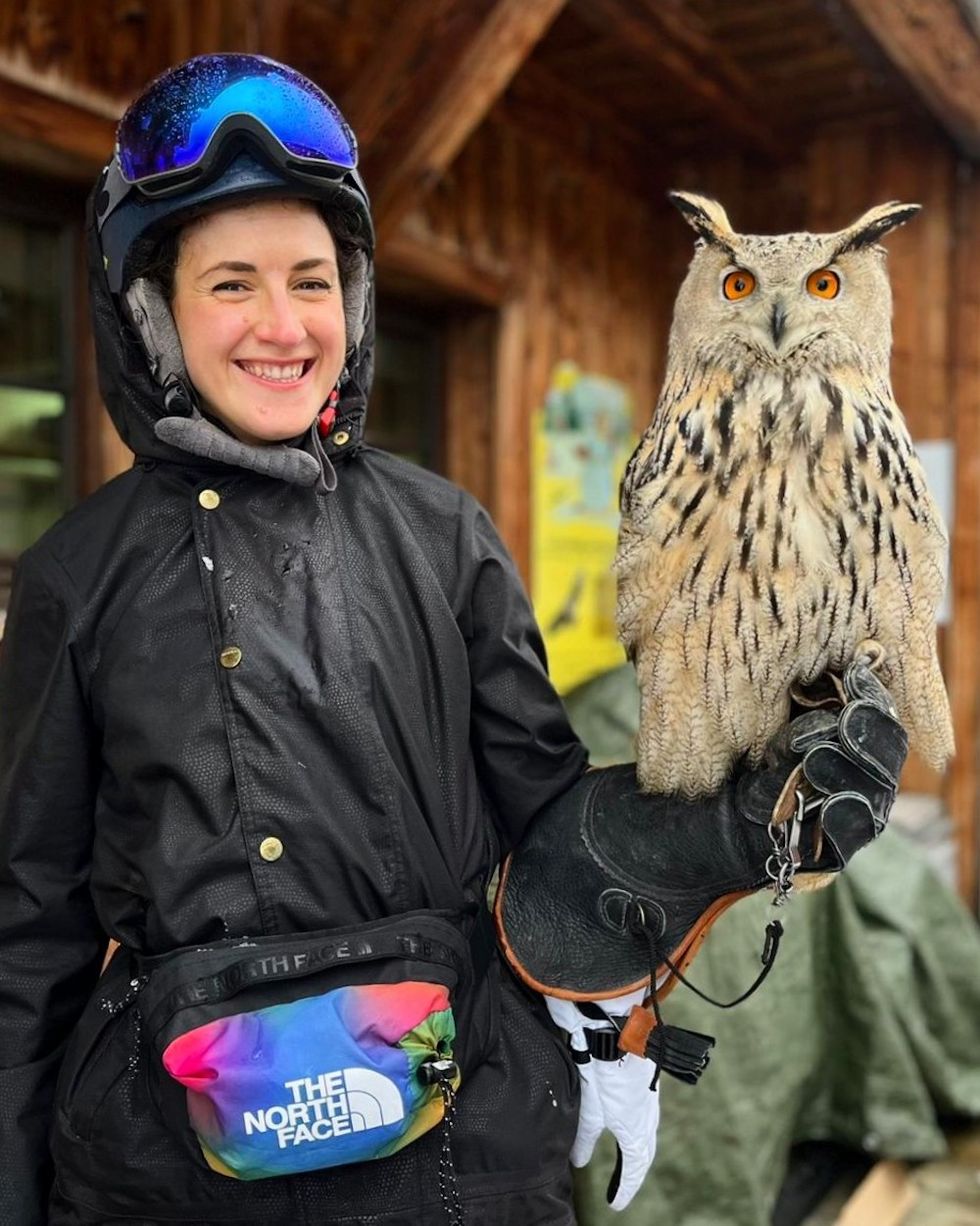 sarah coleman holding an owl in morzine