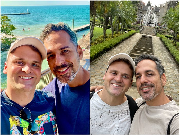 The author (left) and his partner in Isla Múcura in Colombia on the left, and at El Castillo in Medellín