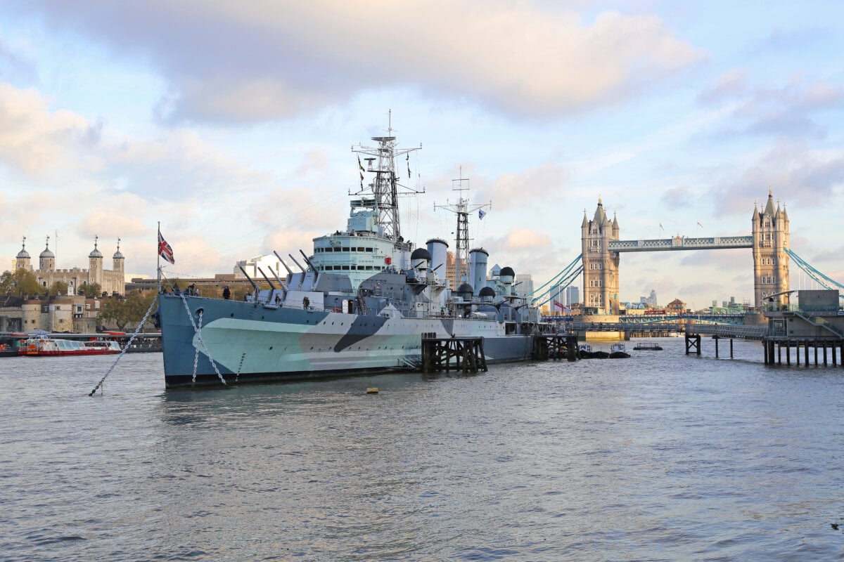 HMS Belfast in London. Royal Navy floating museum at Thames RIver in London, United Kingdom