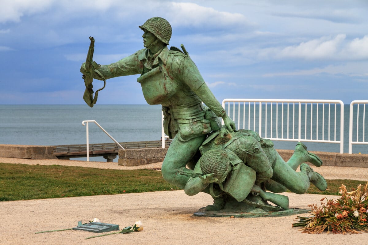 Soldiers Statue at Omaha Beach 116th Regimental Combat Team Memorial in in Normandy, France 