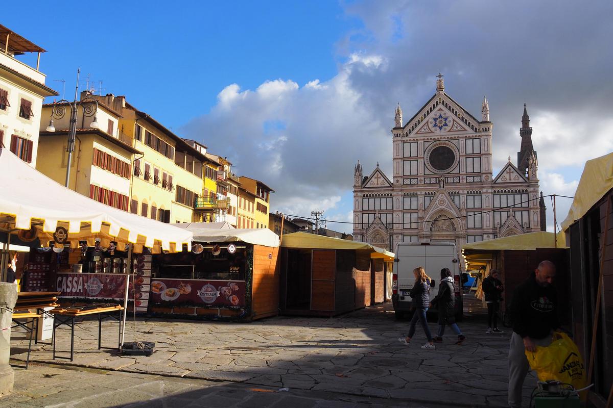 Bustling market at Piazza Santa Croce, Florence with Basilica backdrop