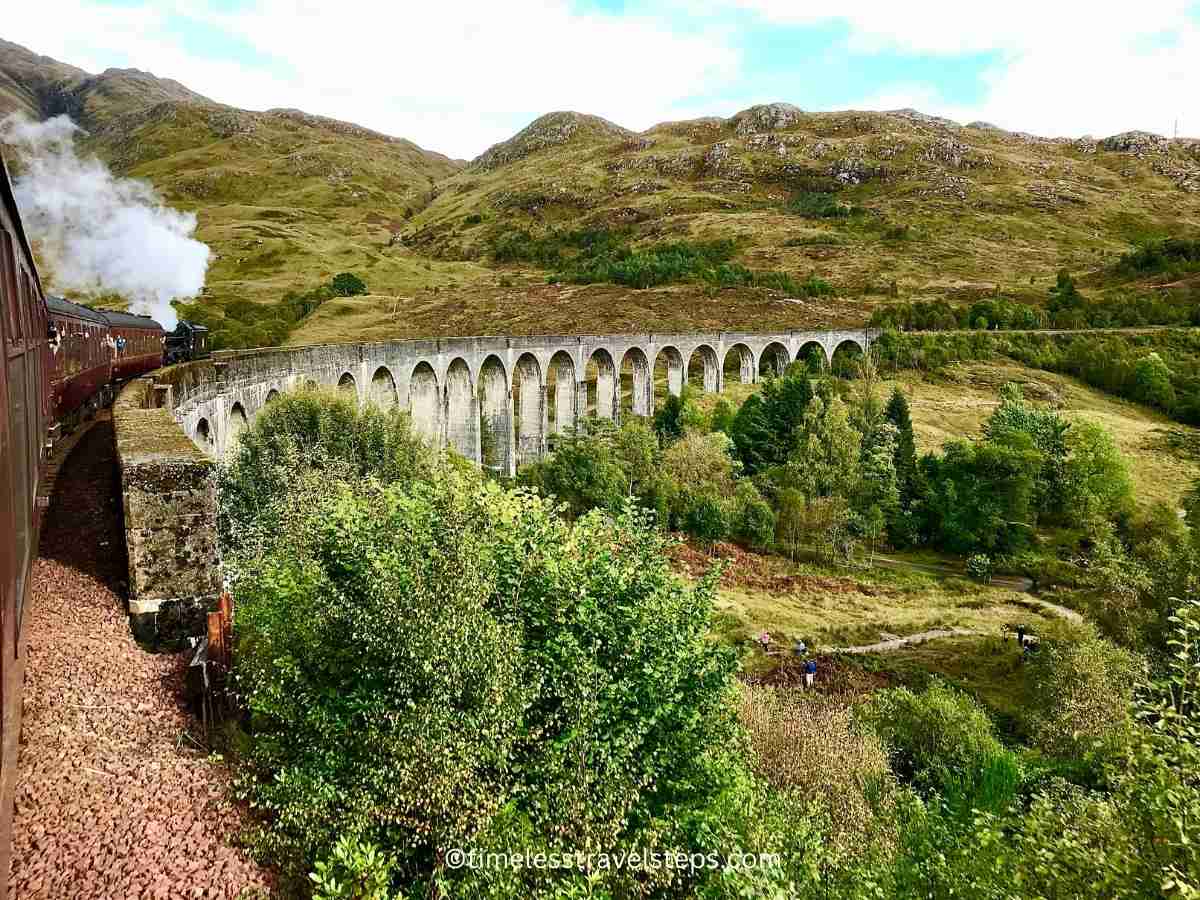 Jacobite Steam Train crossing the Glenfinnan Viaduct - viewed from inside the train