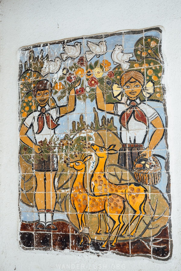 A mosaic panel marks the entrance to the former Tsiskari Pioneer Camp near Tbilisi, Georgia.