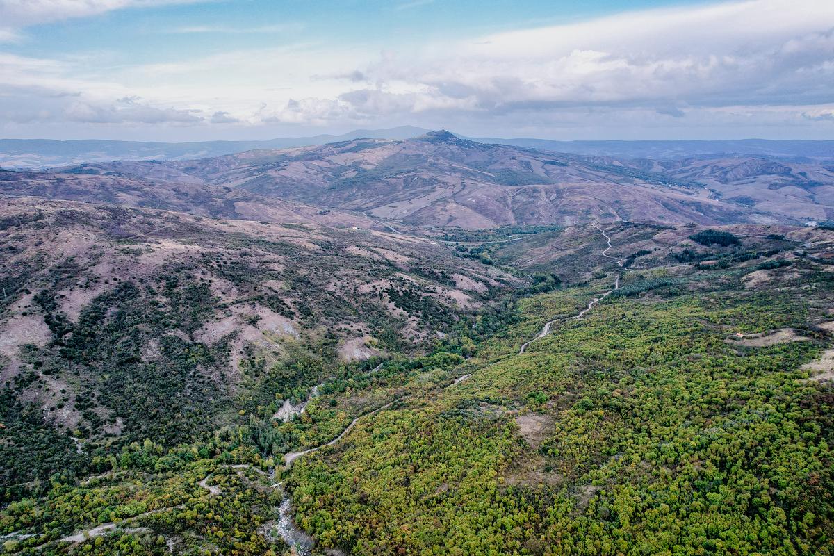 Aerial view of Tuscan hills, Italy, with lush greenery and cloud shadows