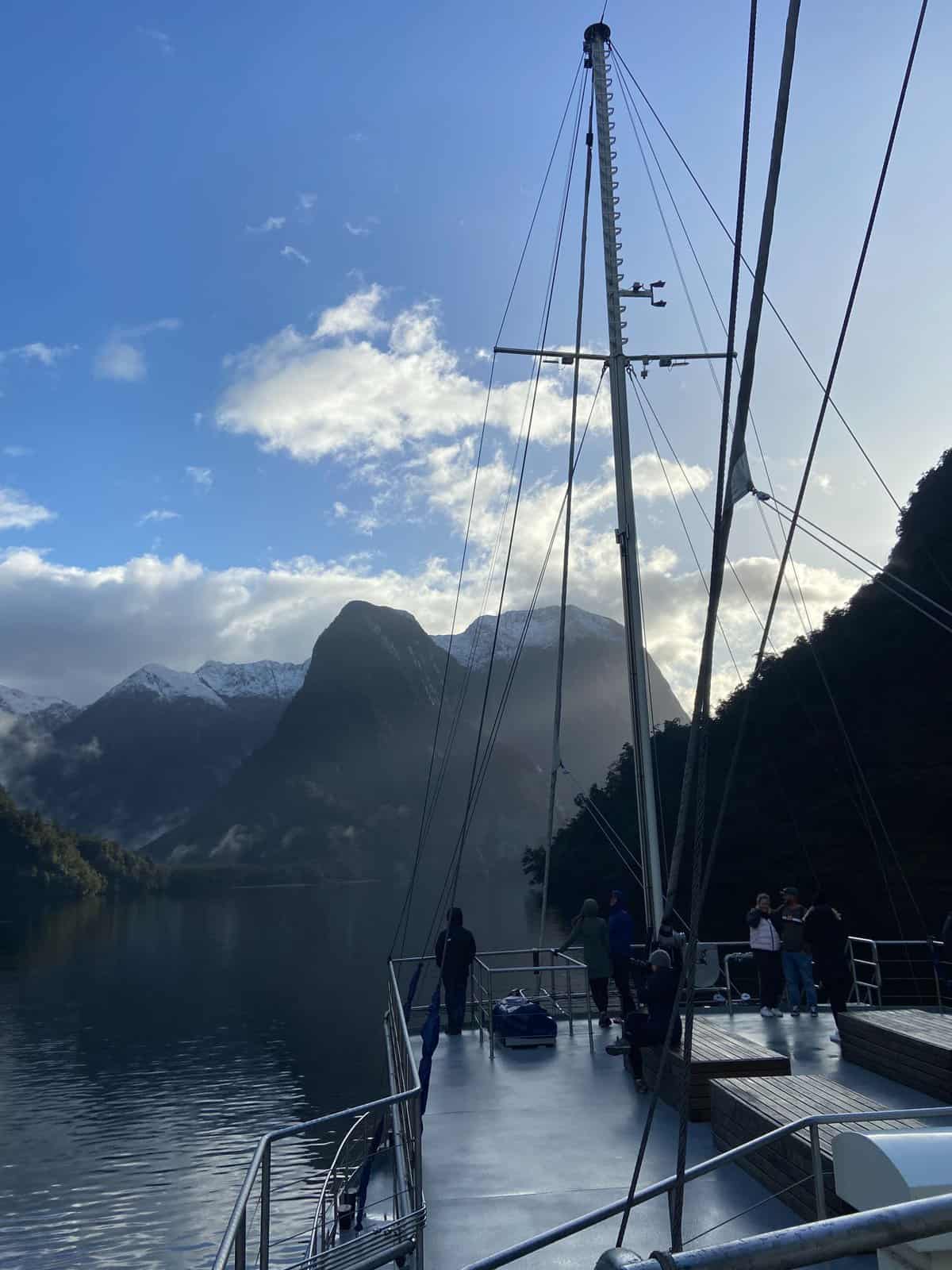 On the deck of an overnight cruise ship in Doubtful Sound, New Zealand