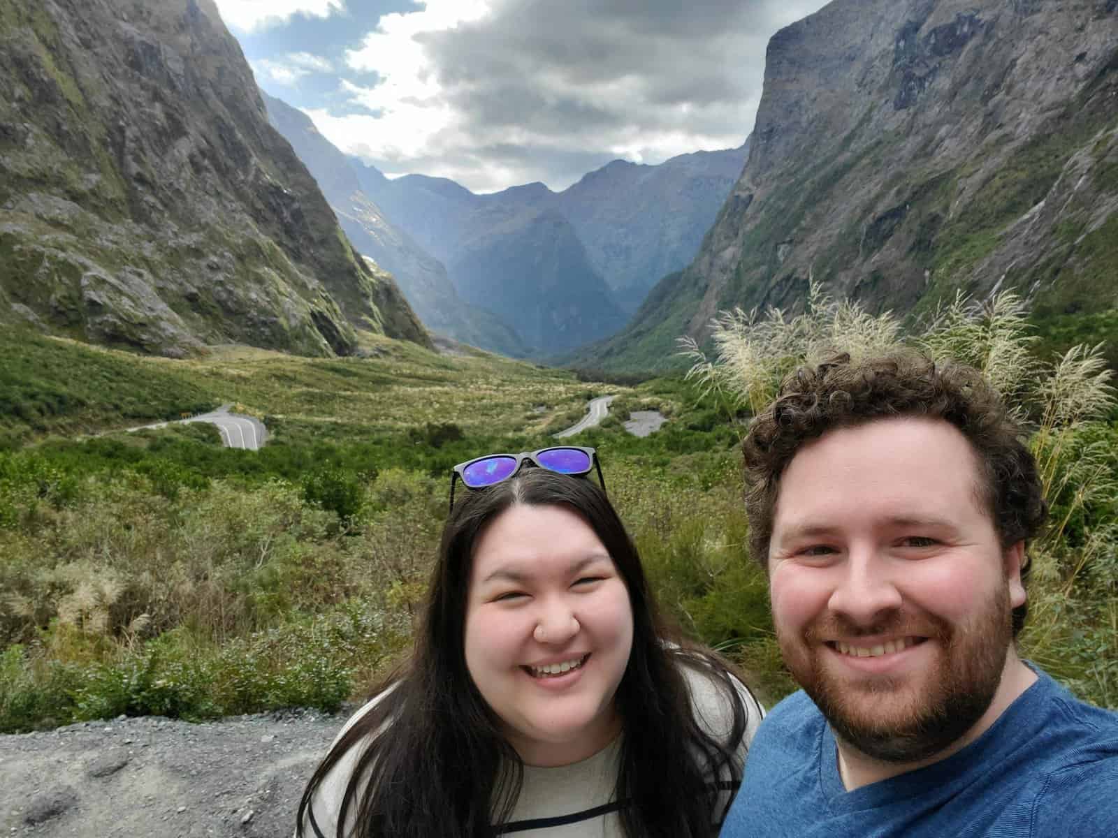 Riana and Colin selfie on the drive from Queenstown to Milford Sound