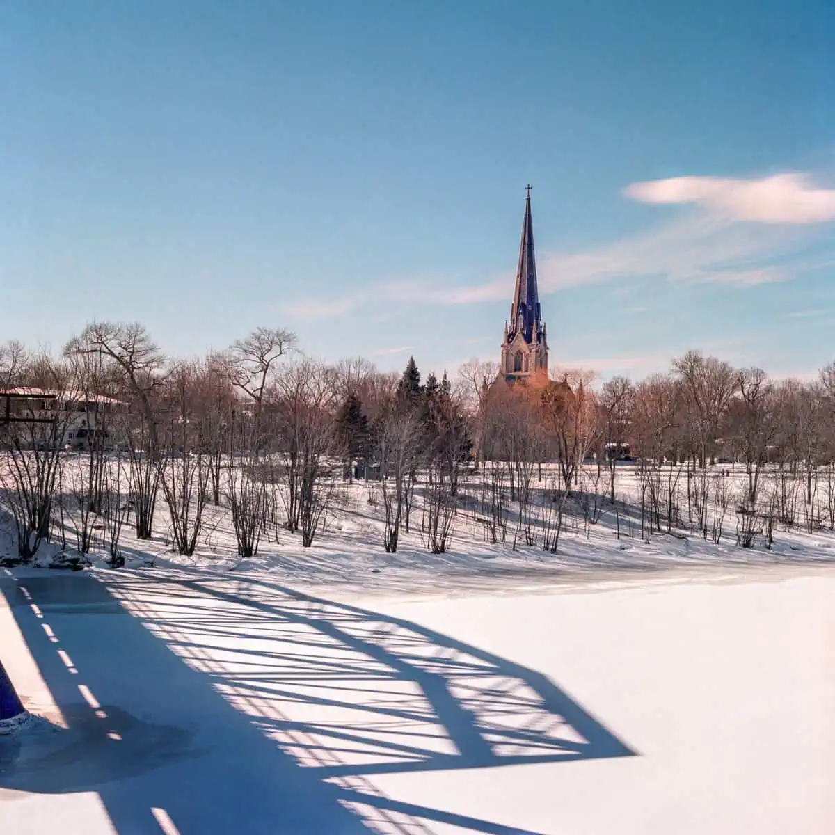 Snow covered Fredericton, New Brunswick, Canada with bare trees and a tall church in the background
