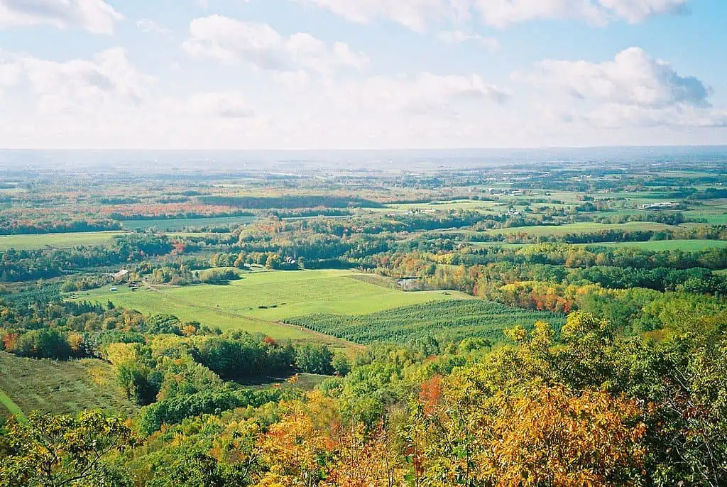 Green fields and fall foliage of the Annapolis Valley, Nova Scotia