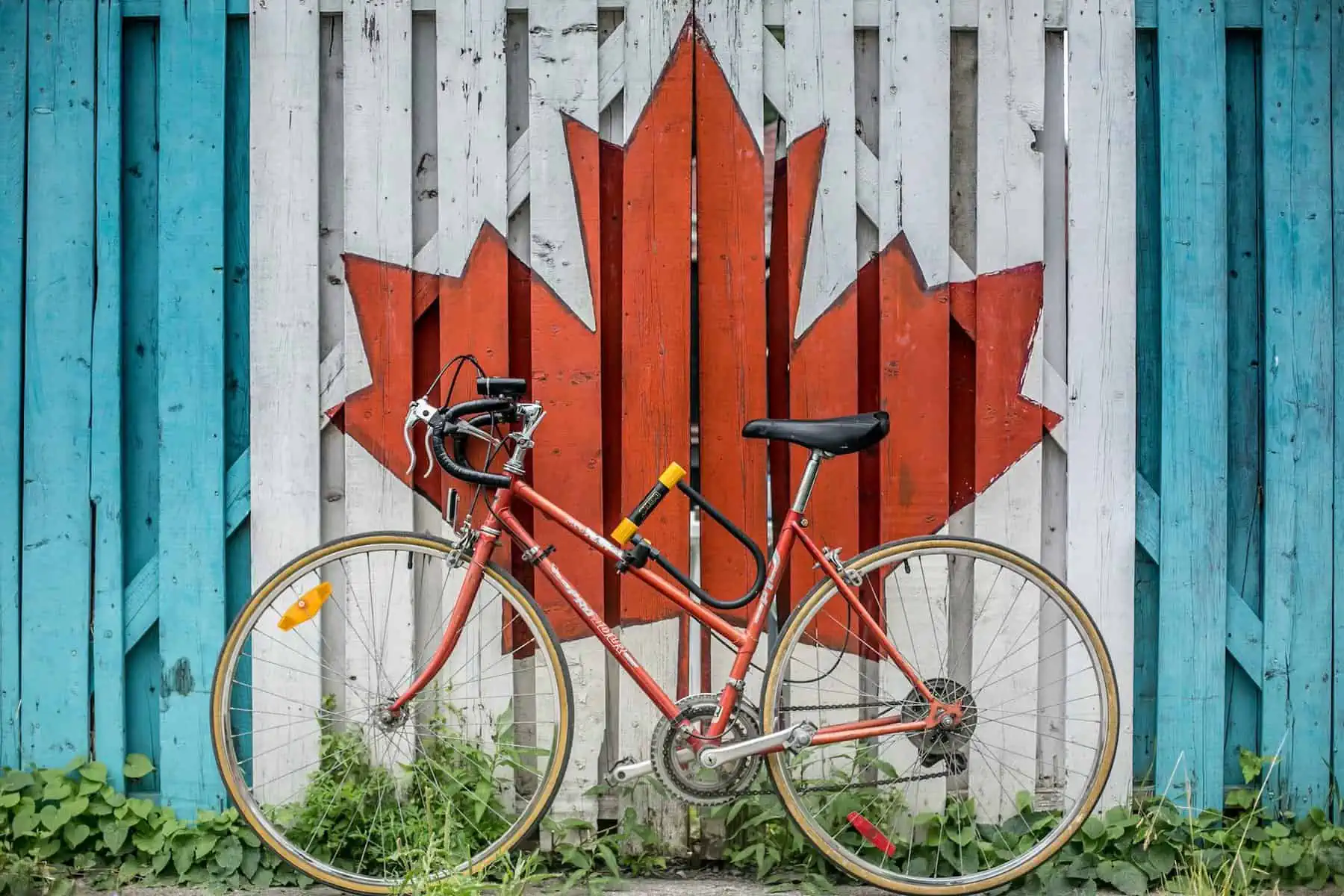A red bike in front of a fence painted with the Canadian flag, Canada road trip