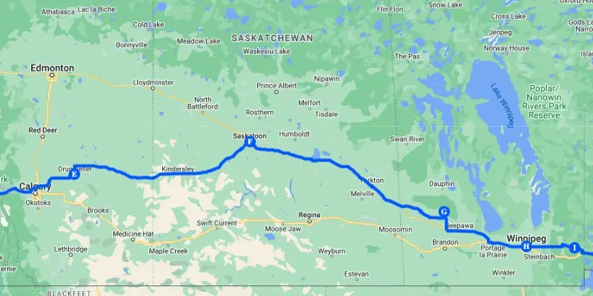 Prairies: Alberta, Saskatchewan & Manitoba road trip route through Canada