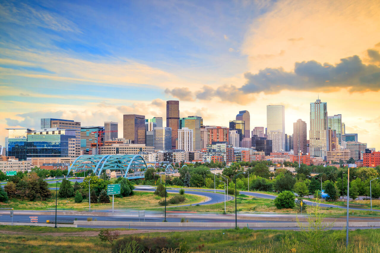 Panorama of Denver skyline long exposure at twilight.