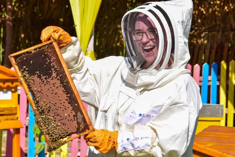 Jessica in a beekeeping suite handling bees