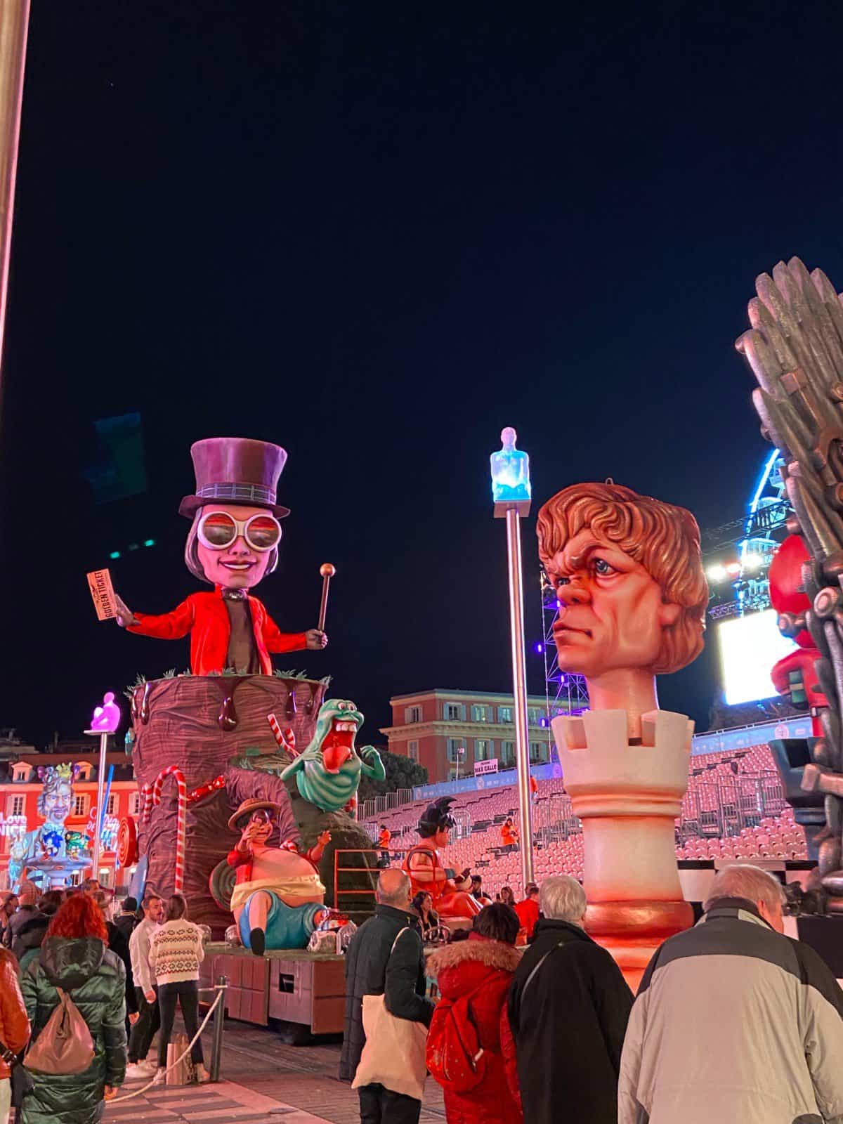 Float at the Carnaval de Nice parade featuring Willy Wonka and Tyrion from Game of Thrones