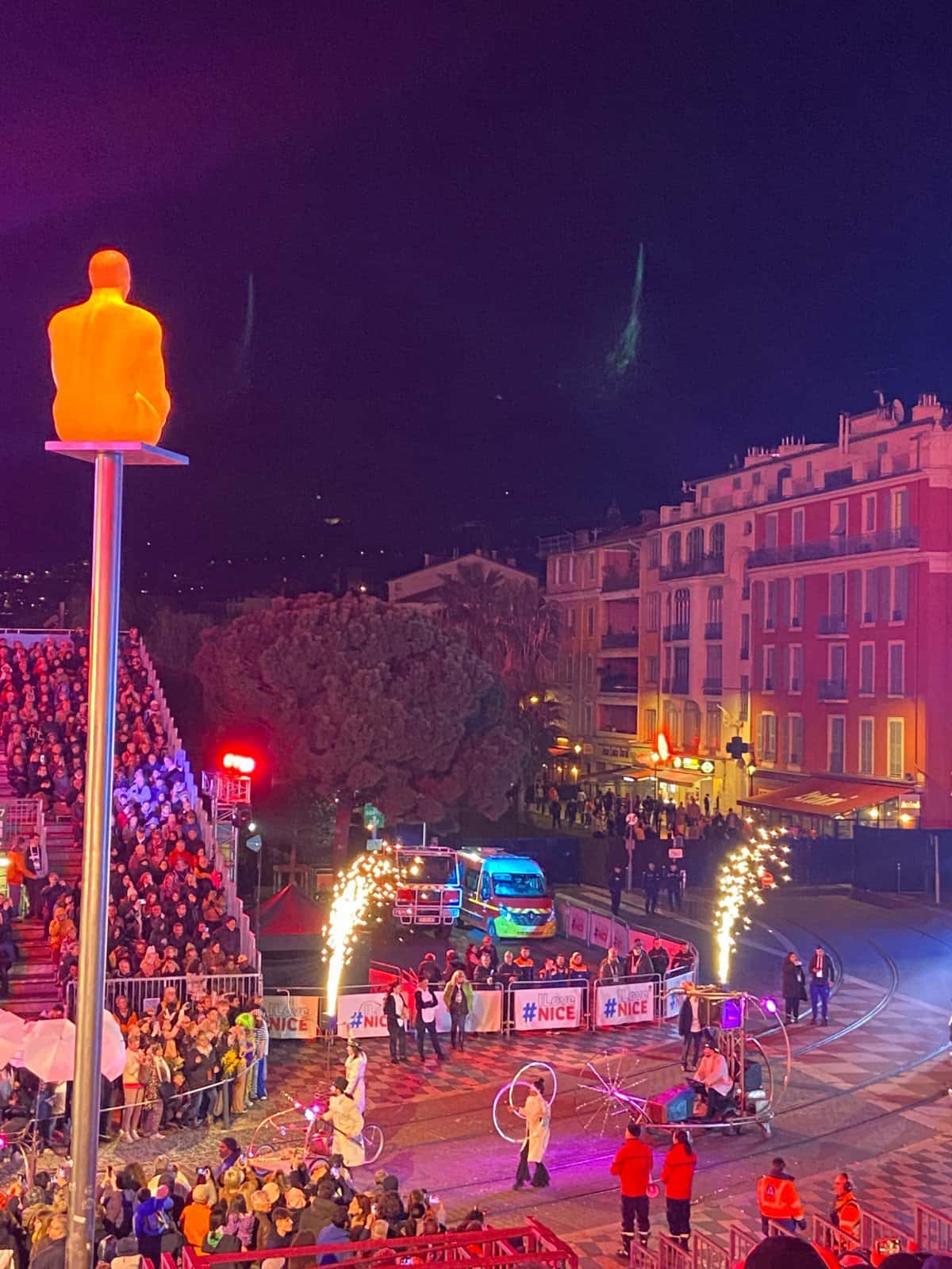 Sparklers shooting out of large bikes at the Carnaval de Nice Parade of Lights 2024