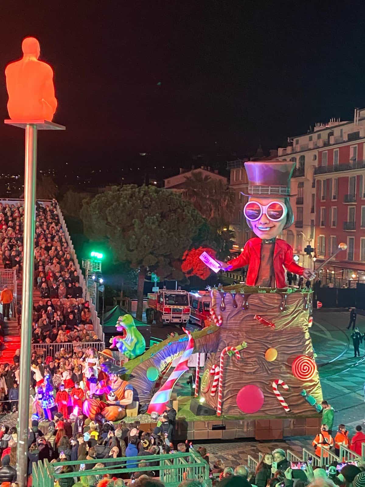 Willy Wonka a top a float the Nice Carnival 2024