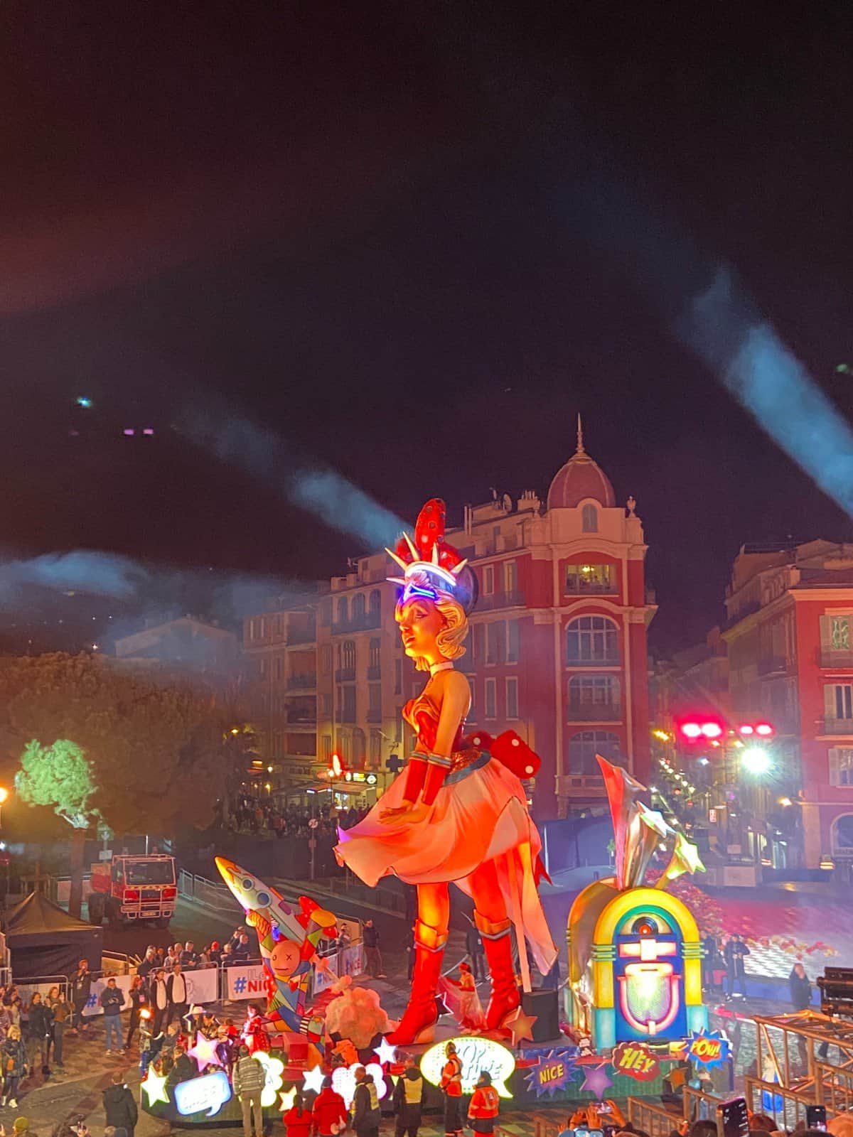 Queen of Pop Culture at Nice Carnival, parade float with Marilyn Monroe in a Wonder Woman outfit