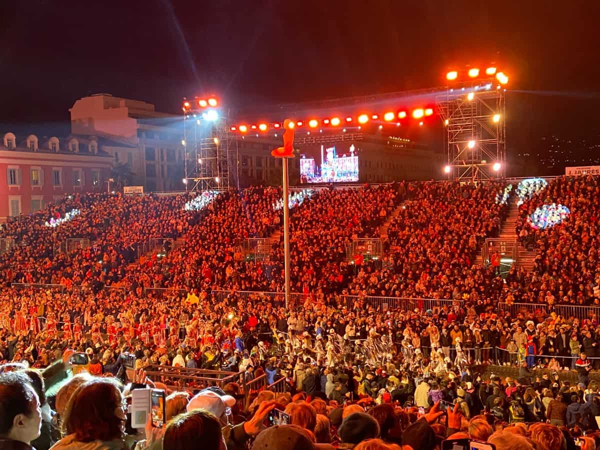 The stands at the Carnaval de Nice night parade filled up with people