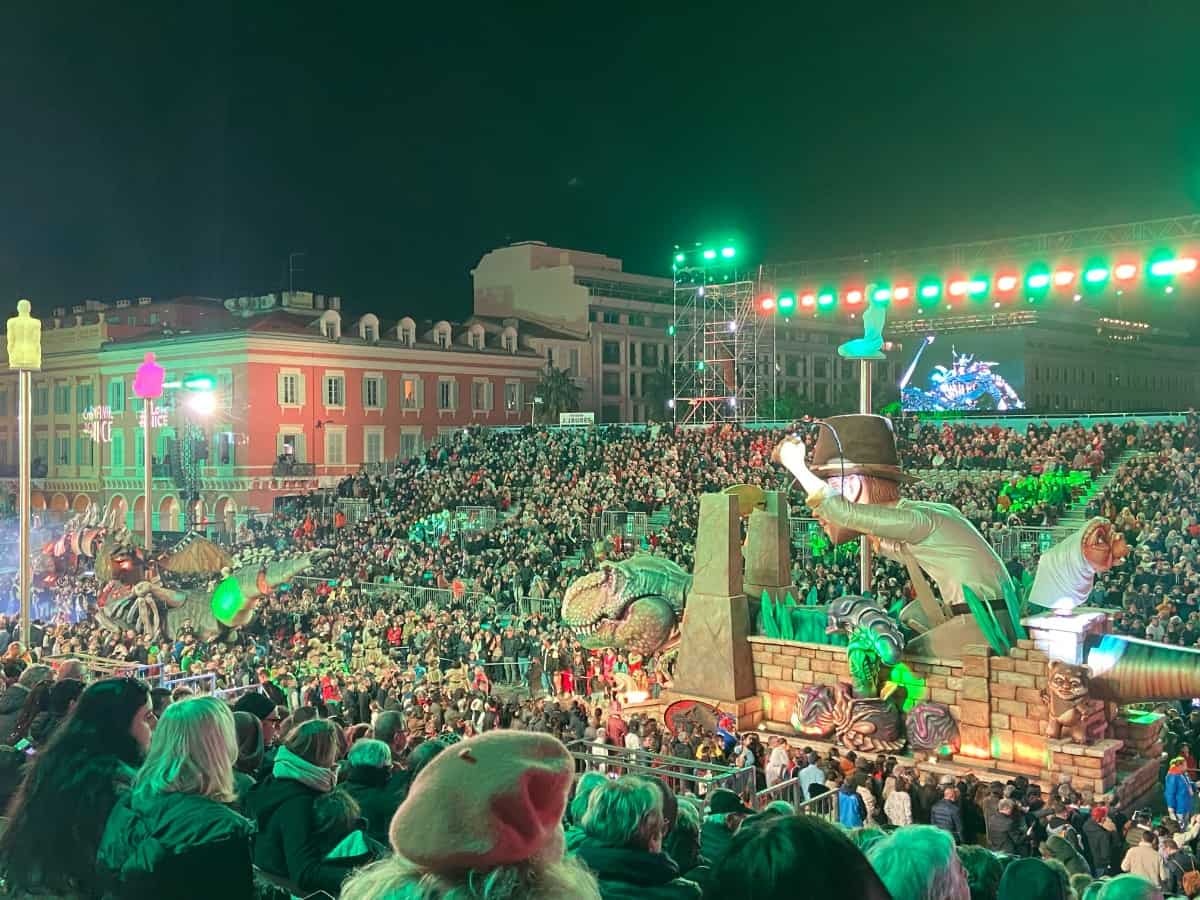 Our view of the Nice Carnival Parade, featuring an Indiana Jones float, from Max Gallo row W 