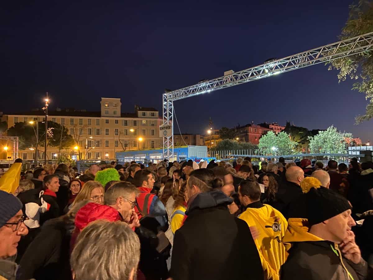 Crowds of people waiting to enter Carnaval de Nice Parade of Lights 2024