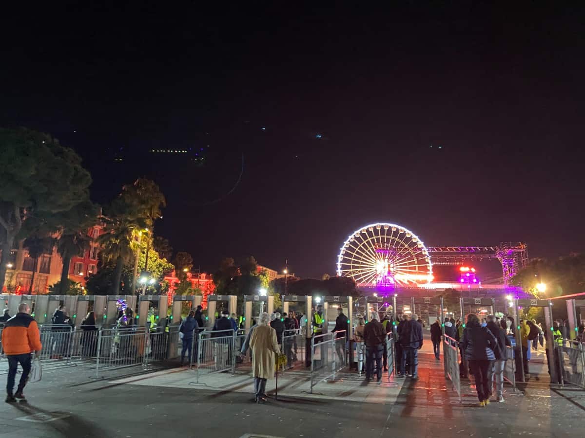 Going through security at the Nice Carnival Parade of Lights