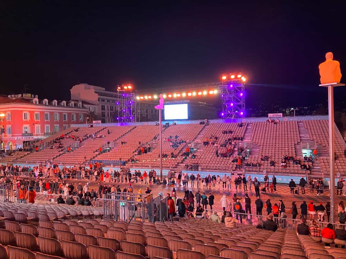 View of the seats in the stands at the Nice Carnival parade