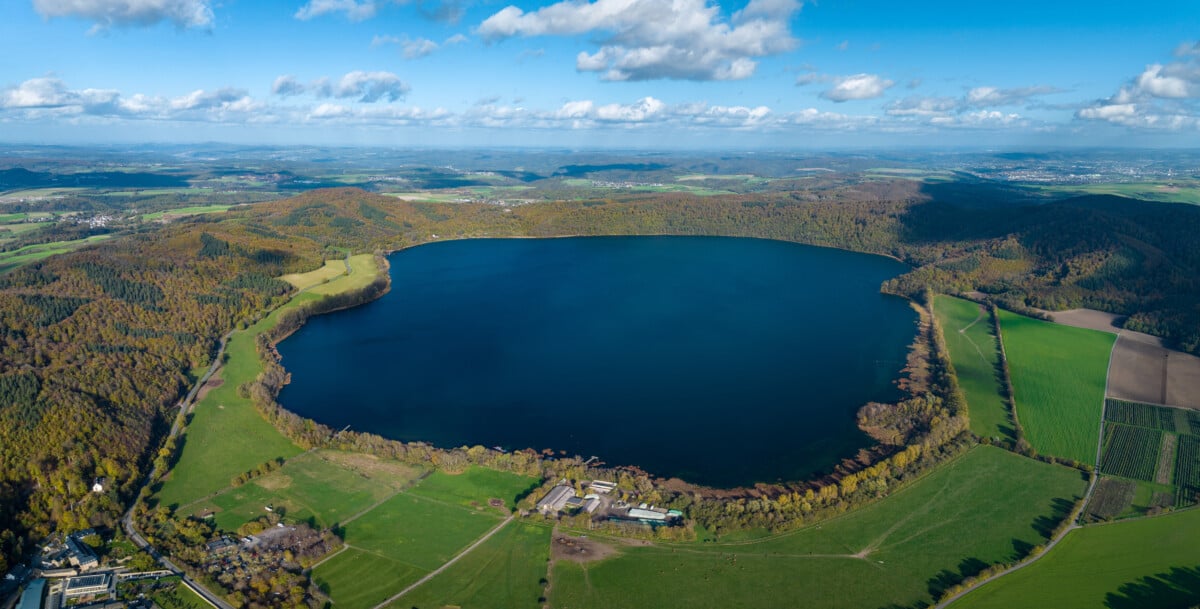 Aerial view of Laacher See lake in Germany