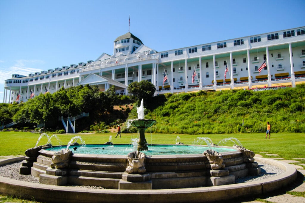 Fountain and exterior of The Grand Hotel on Mackinac Island