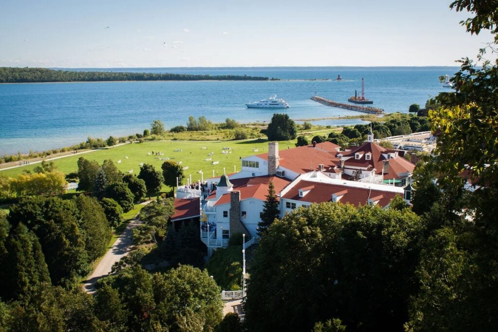 Aerial view of the Mission Point Resort in Mackinac Island