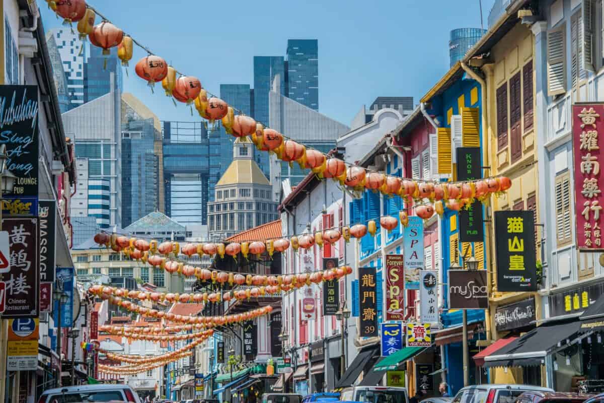 Lanterns strung along buildings in Chinatown, Singapore