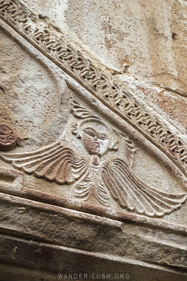 Stone angel at Ananuri Fortress on the Military Highway in Georgia.