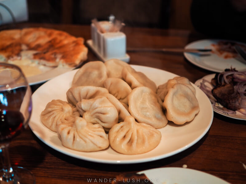 A plate of dumplings at a restaurant in Pasanauri, Georgia.