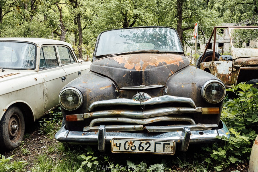 A vintage Soviet car on the Georgian Military Highway.