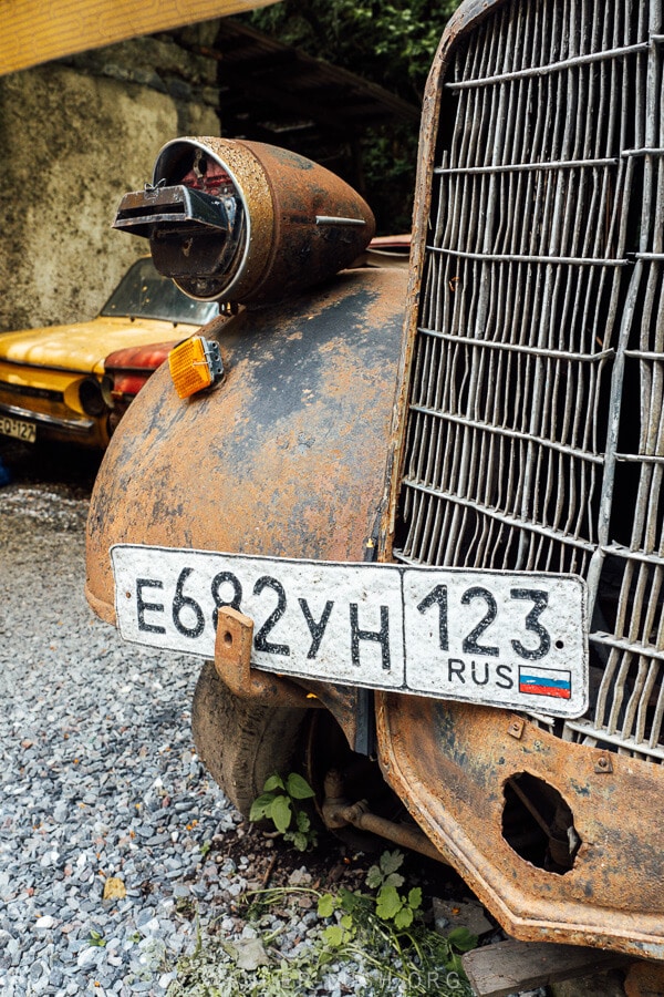 Vintage car junkyard in Pasanauri, Georgia.