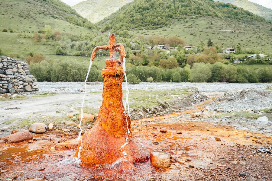 Colourful mineral travertine water spring on the Georgian Military Highway between Tbilisi and Kazbegi.