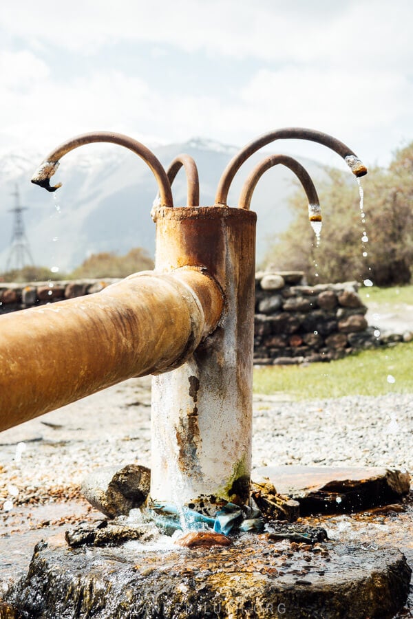 Natural spring water flowing into the Pansheti Swimming Pool on the Georgian Military Highway.