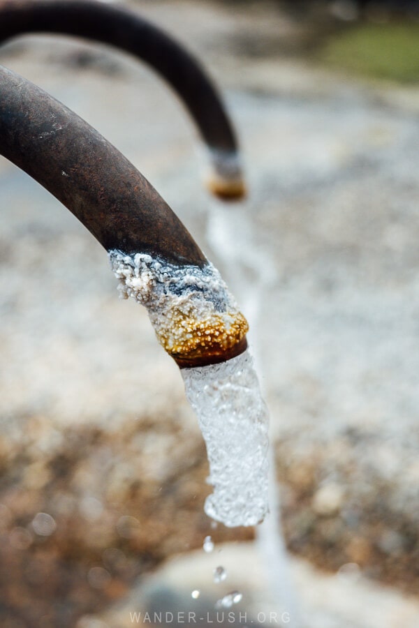 Natural spring water flowing into the Pansheti Swimming Pool on the Georgian Military Highway.