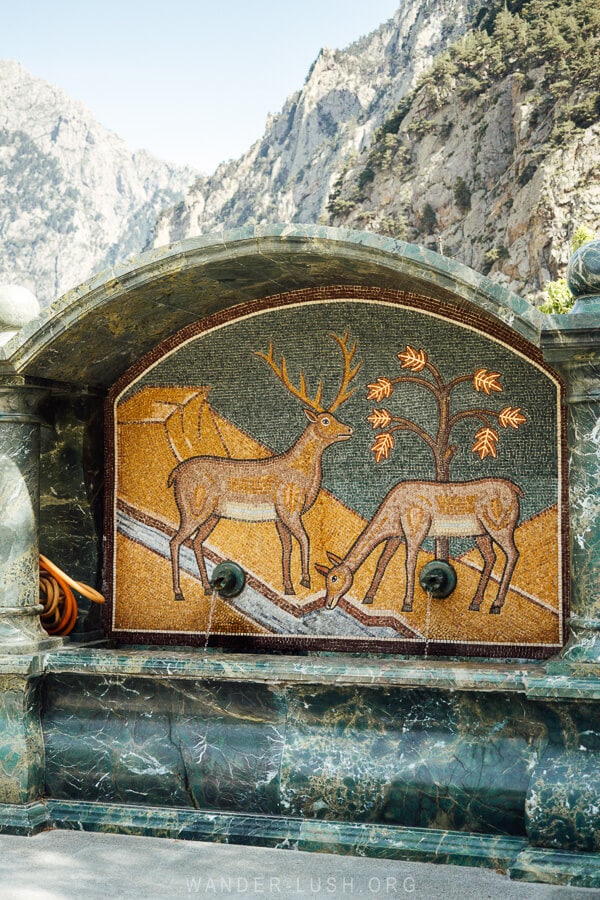 A mosaic fountain at Dariali Monastery in Georgia.