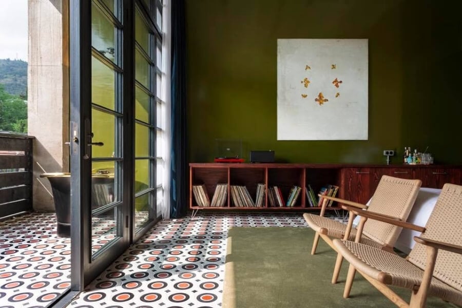 A trendy hotel in Tbilisi with colourful floor tiles.