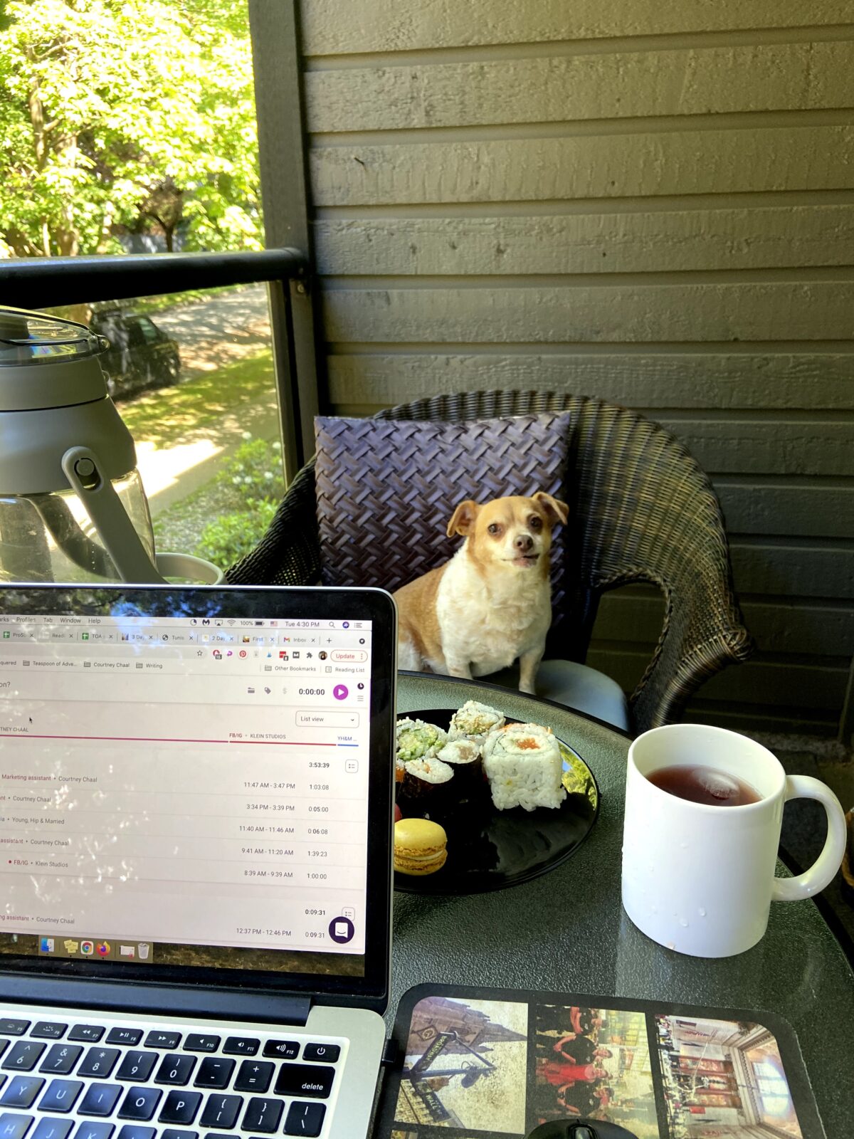 Working on the balcony with my laptop on the table, a mug of tea and plate of snacks behind it, and my dog Ellie sitting on the opposite balcony chair, embracing freelancer life