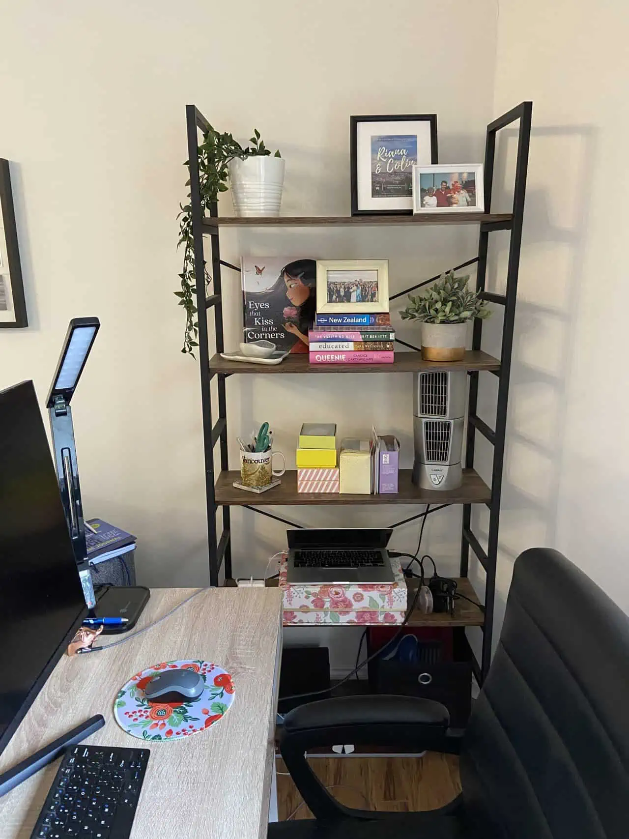 Riana's office with her desk, screen and chair on one side and a large shelf filled with decor and books on the other side 