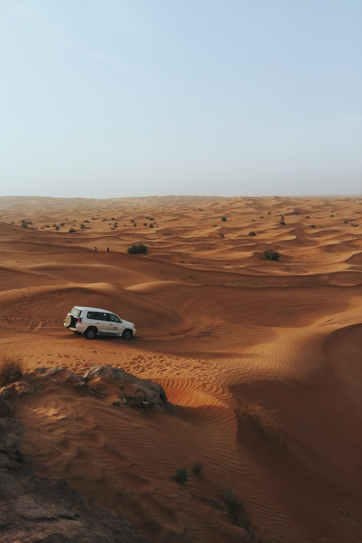 A jeep roles across golden sand dunes in the desert near Dubai.