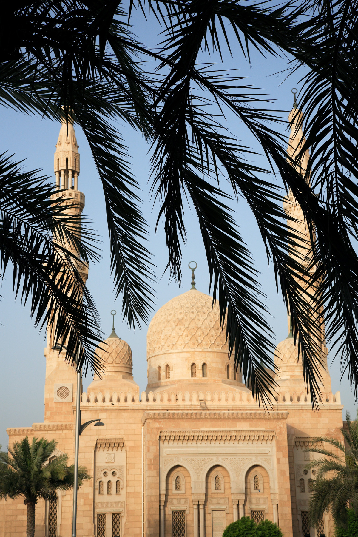 A mosque with a large dome and two minarets peaks from behind some palm tree leaves in Dubai.